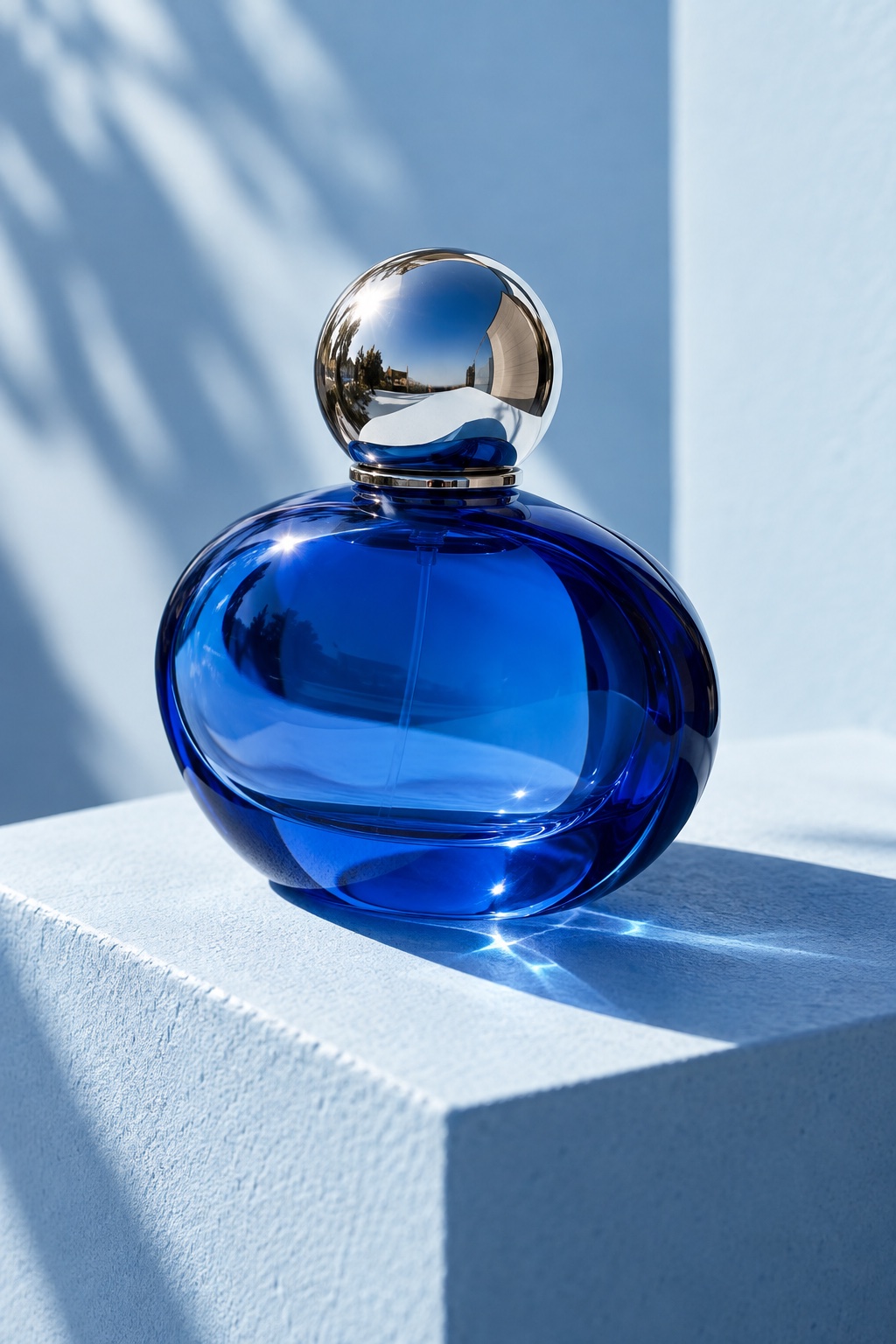 Original product study: cobalt blue perfume glass and a polished chrome cap